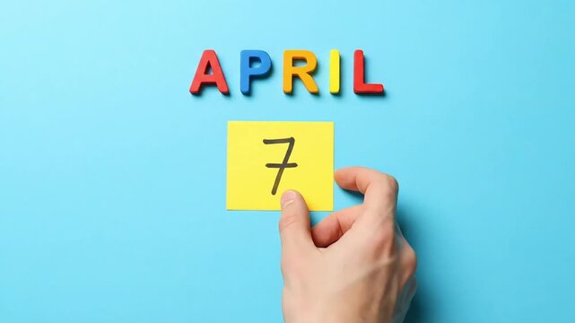 april 7 calendar reminder with hand holding note on blue background, world health day awareness date concept
