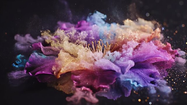 Colorful powder explosion forming a beautiful flower shape with purple, blue, and gold dust clouds on a black background.