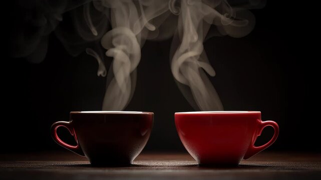 Two steaming coffee cups with heart-shaped vapor on dark background symbolizing love, warmth, and romantic mood for Valentine&rsquo;s Day