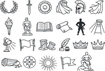 Fototapeta premium Line style icons of myth-based hero: laurel wreath, sword, shield, flowing cape, helmet, torch, classical statue, book, scroll,