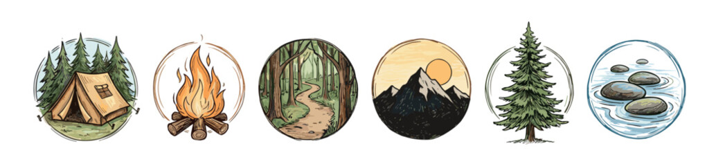 Set of six hand-drawn camping illustrations featuring a tent, campfire, forest path, mountain, pine tree, and river stones in a vintage watercolor style for adventure themes