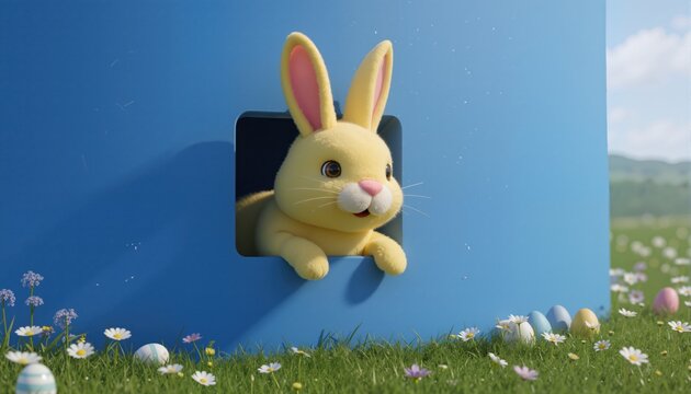 Easter bunny peeps out of the blue wall. 3d rendering
