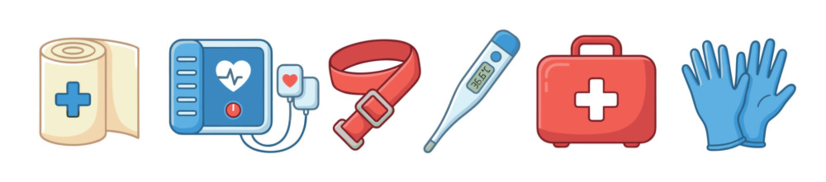 Set of cartoon medical equipment icons including a bandage roll, blood pressure monitor, tourniquet, digital thermometer, first aid kit, and protective gloves for healthcare