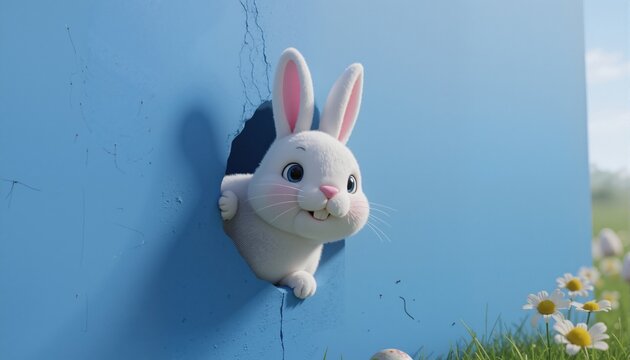 Easter bunny peeps out of the blue wall. 3d rendering
