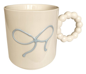 Elegant mug with blue bow. Still life aesthetic