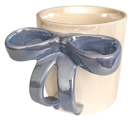 Elegant mug with blue bow. Still life aesthetic