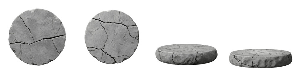 Fototapeta premium Cracked Concrete Stepping Stones PNG, Round Grey Pavers Garden Path Elements, Weathered Cement Walkway Slabs, Architectural Masonry Isolated On White Background