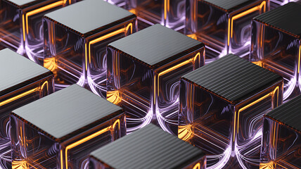 Futuristic Abstract Grid of Glowing Cubes with Orange and Purple Light