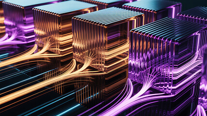 Abstract Futuristic Technology Network with Glowing Data Lines and Ribbed Structures