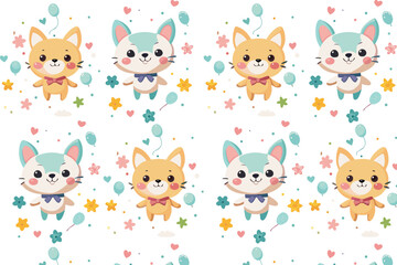 Obraz premium Cute Kids Fabric Seamless Repeat Pattern Featuring Cartoon Teddy Bears, Bunnies and Kittens with Bright Balloons on White background
