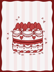 Cute cake with strawberries and hearts, vector art