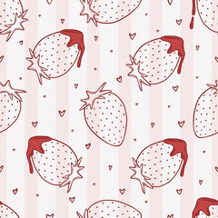 Strawberries seamless pattern with little hearts, vector art