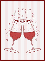 Cute with hearts two champagne glasses, vector art