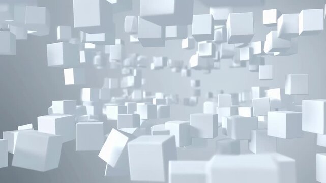 Abstract 3D animation of floating white cubes in a dynamic space. Represents innovation, technology, and digital transformation