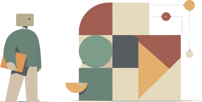Calm abstract geometric figure stands beside final cohesive arrangement of interrelated shapes in wide empty