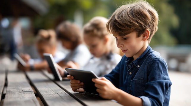 School children using mobile phone and digital tablet on bench young students with technology devices outdoors educational technology use in casual setting kids engaged with