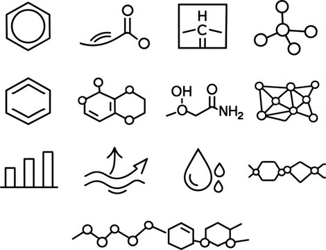 Line style vector icons of molecular aroma motifs: cyclic ring outline, ester arc, aldehyde tile, terpene node,