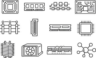 Server Components Icons. Line style vector icons of server internals: CPU socket, RAM module, VRM line, motherboard plane, power