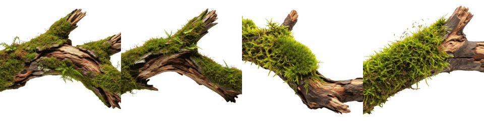 Set of Four Realistic Mossy Tree Branches, Natural Forest Wood Pieces with Green Moss, 3D Rendered Woodland Landscape Elements, Isolated on White Background PNG