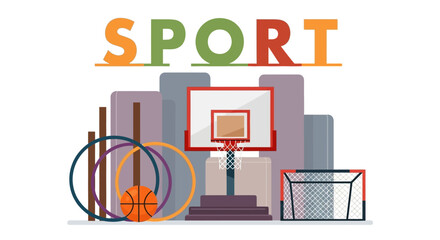 A vibrant sports equipment illustration featuring a basketball hoop and various athletic gear in a modern urban setting from a front viewpoint © John