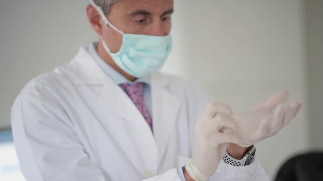 Doctor wearing mask and gloves in coronavirus times. Slow motion