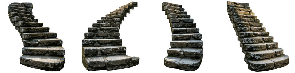 Set of Four Ancient Medieval Stone Staircases, Realistic Curved Castle Steps, Ruined Stone Stairs for Fortress and Citadel Designs, Isolated on White Background PNG © Jazzy E