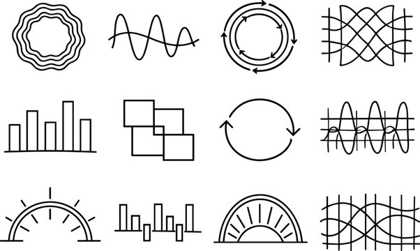 Line style vector icons of scent perception: wave ring, amplitude contour, feedback ring, modulation mesh,
