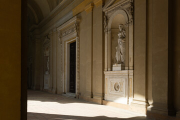 Gallery of the Orangery Palace in Sanssouci Park Potsdam Germany with Classical Statues in Niches and Ornate Renaissance Revival Architecture Details