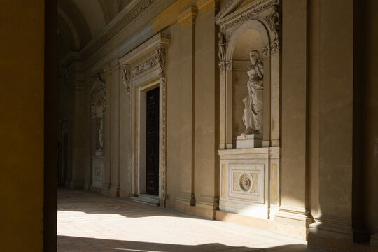 Gallery of the Orangery Palace in Sanssouci Park Potsdam Germany with Classical Statues in Niches and Ornate Renaissance Revival Architecture Details