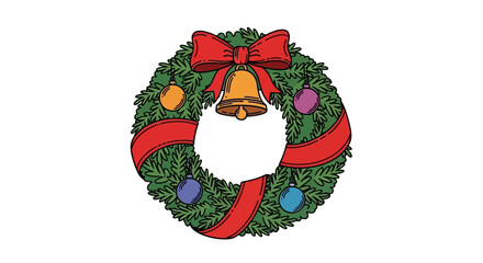 A festive Christmas wreath adorned with ornaments and a bell viewed from the front