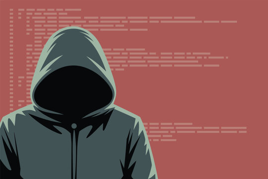 Mysterious Hooded Hacker with Digital Code Background, cybersecurity risk concept