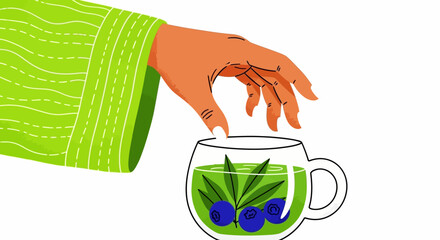 A hand reaching for a cup of green tea with blueberries and mint leaves, viewed from the side © John