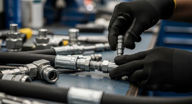 Hands Assembling Hydraulic Hoses and Fittings.