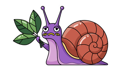 A purple cartoon snail with a large shell holding green leaves in its hand viewed from the side © John