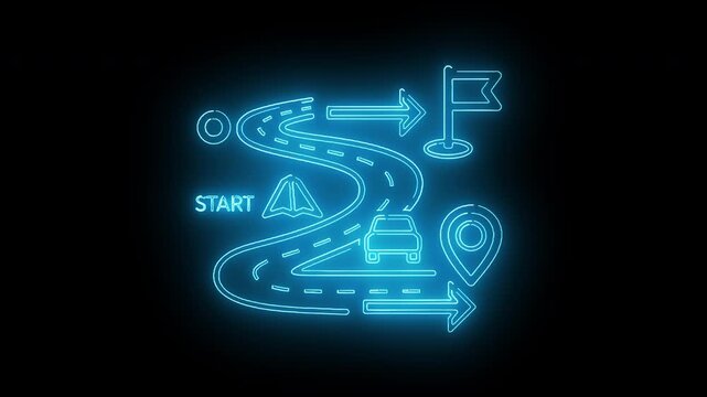 Glowing blue neon road map illustration with start flag and location pin on black background