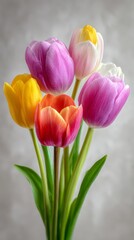 Fototapeta premium A bouquet of vibrant tulips in various colors including pink, yellow, red, and white. The flowers are arranged with green leaves against a soft background.