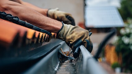 Obraz premium Close-up of hands wearing work gloves cleaning out a clogged gutter with debris and water, highlighting home maintenance and property upkeep.