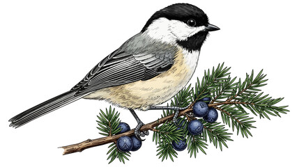 A black-capped chickadee perched on a pine branch with berries in a serene forest scene from a side viewpoint © Steven