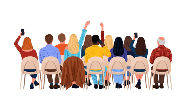 Group of people sitting in chairs and raising their hands in a public meeting or event