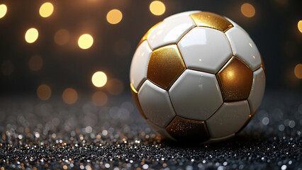 Fototapeta premium Metallic‑gold and white soccer ball resting on a sparkling textured surface, surrounded by warm, out‑of‑focus lights that create a luxurious, celebratory glow. 