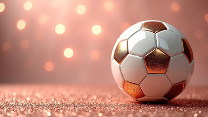Fototapeta premium Soccer ball gleams on glittery purple—white-copper panels shimmer through warm bokeh haze, surreal calm and global anticipation radiate from match-core symmetry. 