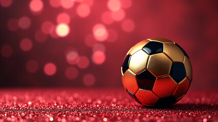 Fototapeta premium Soccer ball gleams on glittery red—gold-black panels shimmer through crimson bokeh haze, surreal calm and global anticipation radiate from match-core symmetry. 