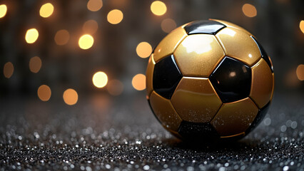 Fototapeta premium Soccer ball gleams on glittery pink-black—gold-black panels shimmer through warm bokeh haze, surreal calm and global anticipation radiate from match-core symmetry. 