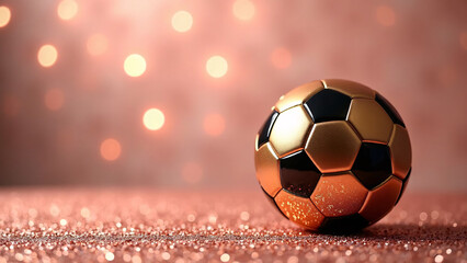 Fototapeta premium Soccer ball gleams on glittery pink—gold-black panels shimmer through warm bokeh haze, surreal calm and global anticipation radiate from match-core symmetry. 