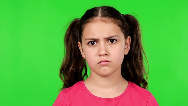 Angry young girl with pigtails looking down with frowning face