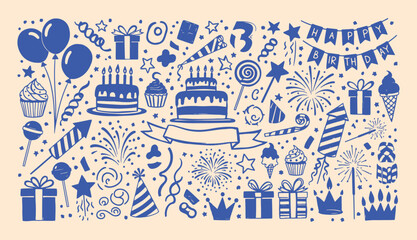 Large set of blue hand drawn birthday party doodles including cake balloons gifts and festive elements