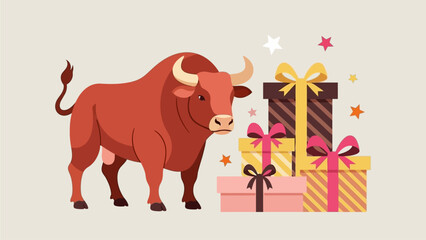 A majestic red bull stands beside a stack of colorful gift boxes adorned with bows and stars © Steven