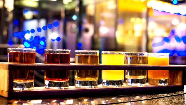 Set of different alcoholic drinks in glass glasses at night lighting in a restaurant