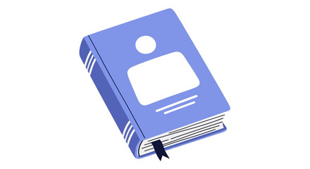 A periwinkle-blue book with white pages and a dark blue bookmark lies open on a plain white surface from a slightly elevated viewpoint