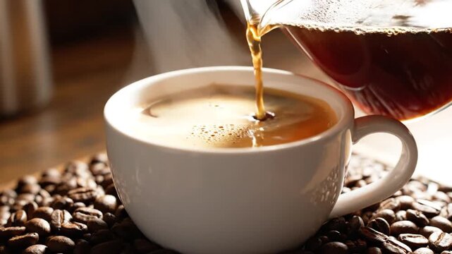 A close-up of a cup being filled with coffee, surrounded by beans. Steam rises